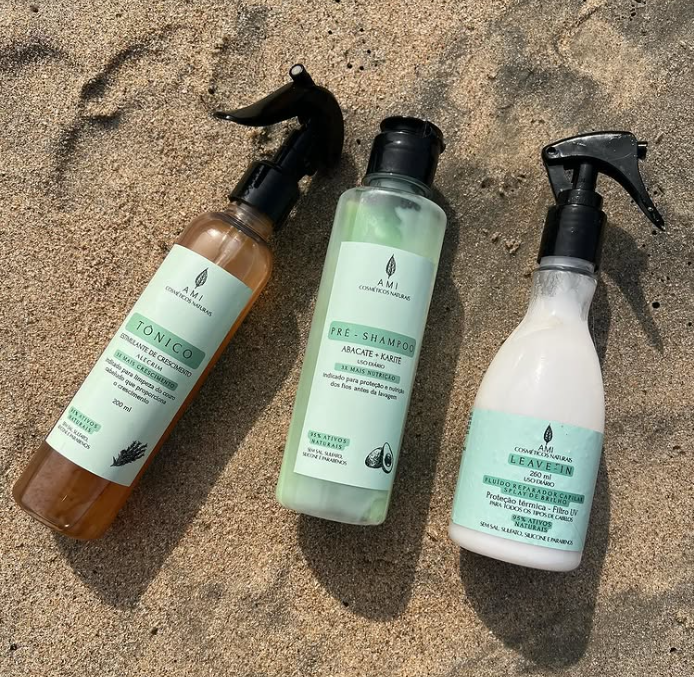 Combo capilar AMI: tônico estimulante, pré-shampoo abacate e karité, e leave-in reparador